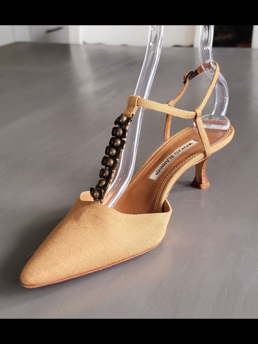Manolo Blahnik Vintage Beaded T-Strap Kitten Heels - Size 38.5